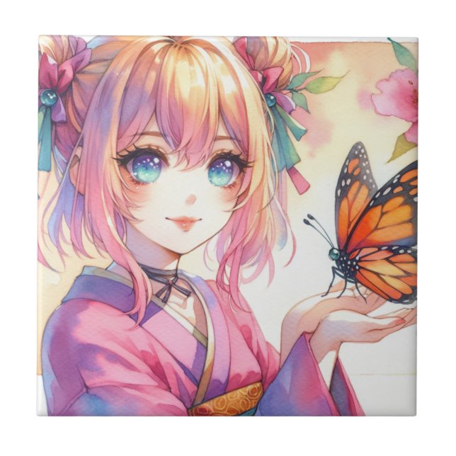 Anime Girl Holding a Butterfly Ceramic Tile (Front)