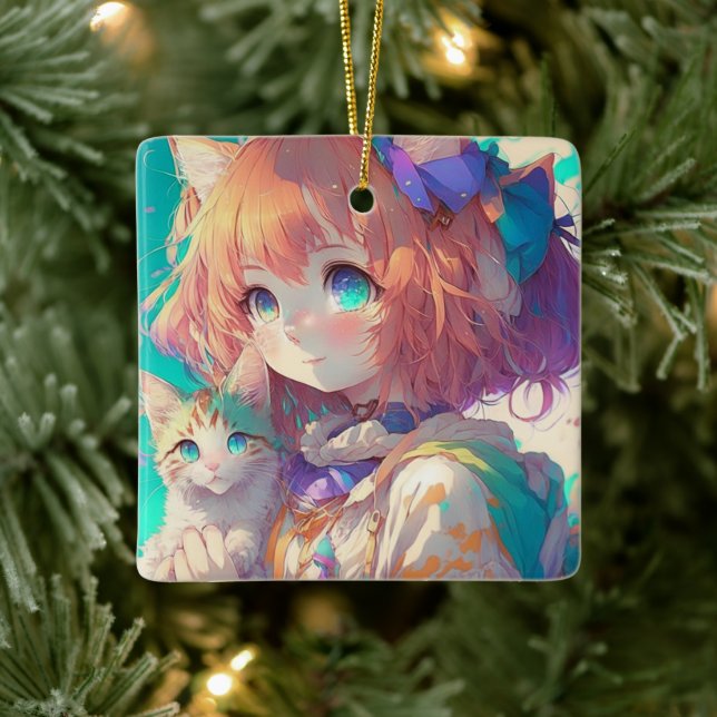 Anime Girl Holding an Adorable Kitten Ceramic Ornament (Tree)