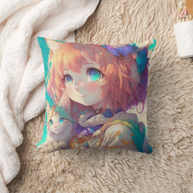 Anime Girl Holding an Adorable Kitten Cushion (Blanket)