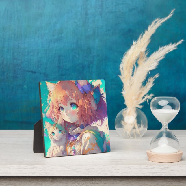 Anime Girl Holding an Adorable Kitten Plaque (Insitu)