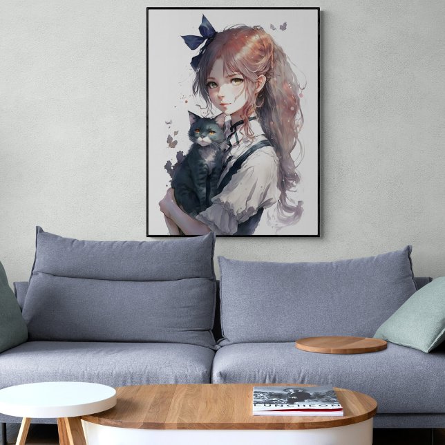 Anime Girl Holding Her Cat Watercolor Portrait Poster (Creator Uploaded)
