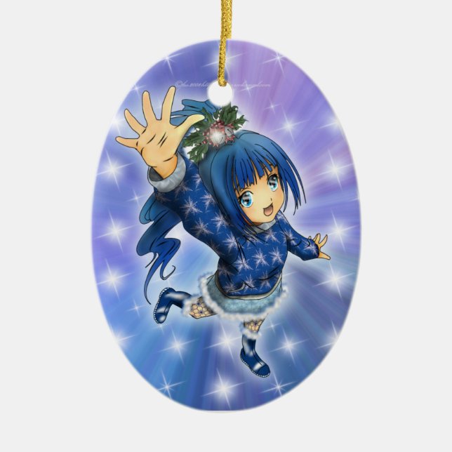 Anime Girl Holiday Hi! Ceramic Tree Decoration (Front)