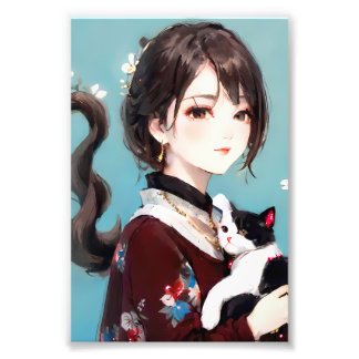 Anime Girl Hugging a Black and White Cat Photo Print