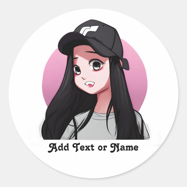 Anime Girl in Black Cap Personalised  Classic Round Sticker (Front)