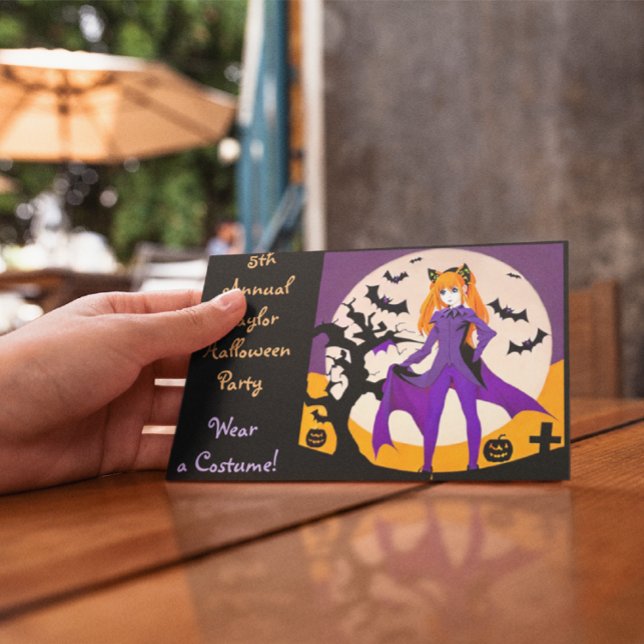 Anime Girl in Cat Costume Halloween Party Invites Postcard (Creator Uploaded)