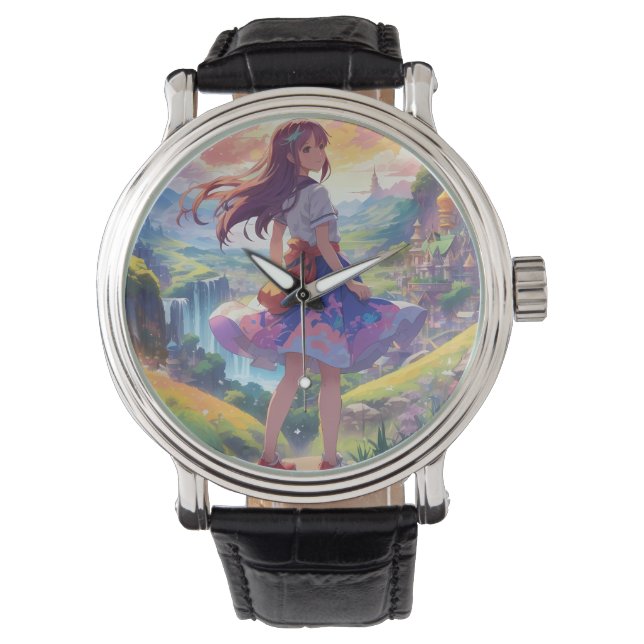 Anime Girl in Landscape Round Clock Watch (Front)