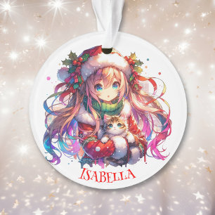 Anime Girl in Santa Hat Watercolor Christmas Ornament