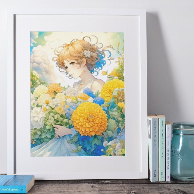 Anime Girl in Yellow and Blue Flowers Poster (Creator Uploaded)