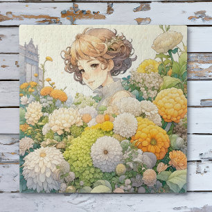 Anime Girl in Yellow Flowers Blank Jigsaw Puzzle