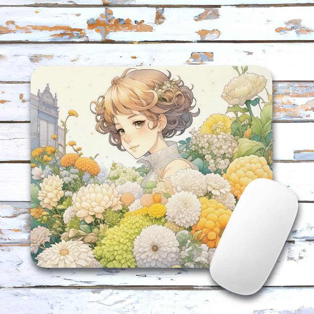 Anime Girl in Yellow Flowers  Mouse Pad (Creator Uploaded)