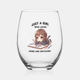anime girl just a girl who loves anime and sketchi stemless wine glass