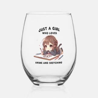 anime girl just a girl who loves anime and sketchi stemless wine glass