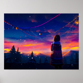 Anime Girl looking at the Sky Print Poster