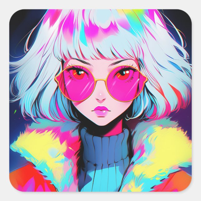 Anime Girl Modern Colourful Art Square Sticker (Front)