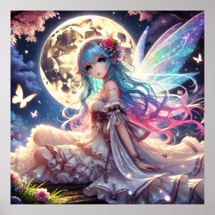 Anime Girl Moon Fairy Princess in Garden Poster