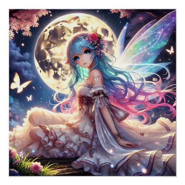Anime Girl Moon Fairy Princess in Garden Poster (Front)