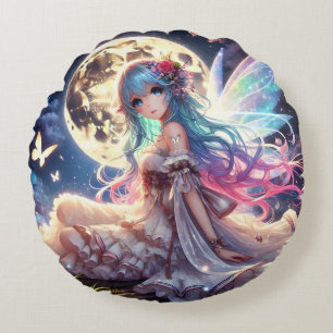 Anime Girl Moon Fairy Princess in Garden Round Cushion