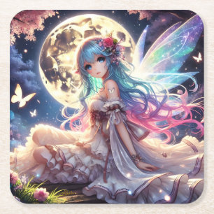 Anime Girl Moon Fairy Princess in Garden Square Paper Coaster