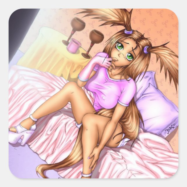 Anime Girl Nikki on Bed Square Sticker (Front)