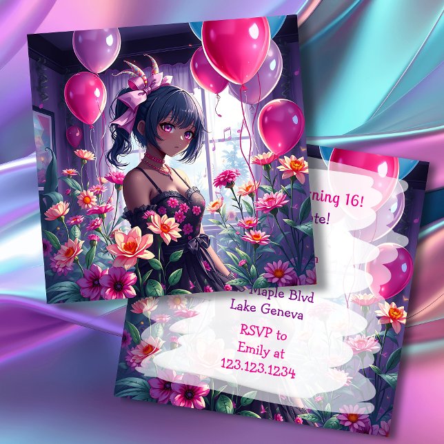 Anime Girl of Colour Floral Birthday Invitation (Creator Uploaded)