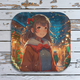 Anime Girl on Christmas or New Year's Eve Paper Plate