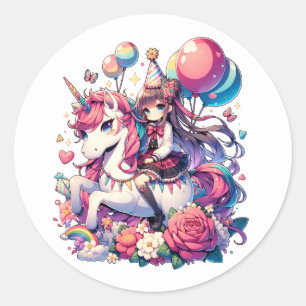 Anime Girl on Unicorn Birthday  Classic Round Sticker