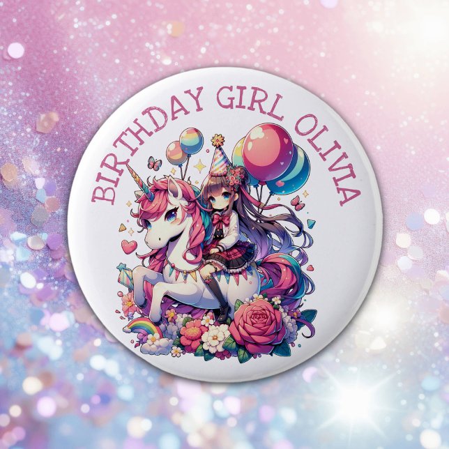 Anime Girl on Unicorn Birthday Personalised 6 Cm Round Badge (Creator Uploaded)