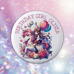 Anime Girl on Unicorn Birthday Personalised 6 Cm Round Badge<br><div class="desc">A cute anime girl on a unicorn with rainbows,  butterflies,  flowers and balloons in pink,  blue and purple girl's Birthday girl button. In purple,  pink and blue.</div>