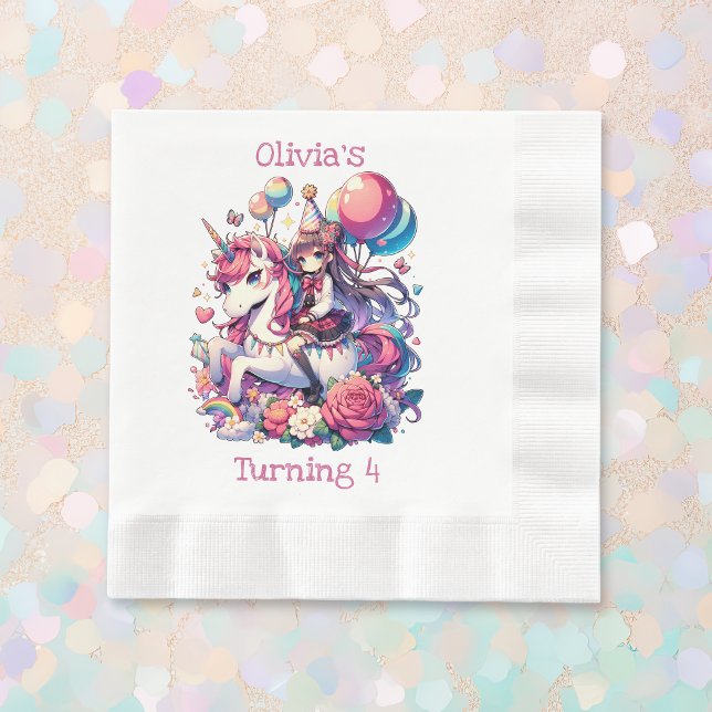 Anime Girl on Unicorn Birthday Personalised Napkin (Creator Uploaded)