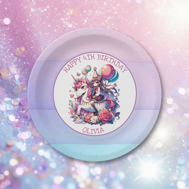 Anime Girl on Unicorn Birthday Personalised Paper Plate (Creator Uploaded)