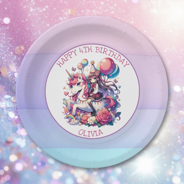 Anime Girl on Unicorn Birthday Personalised Paper Plate (Creator Uploaded)