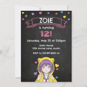 Anime Girl Peace Hearts Birthday Invitation