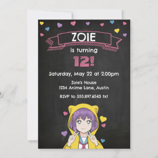 Anime Girl Peace Hearts Birthday Invitation