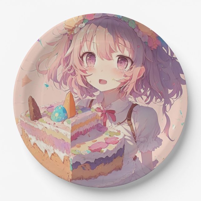  Anime Girl Piece of Cake Whimsical Birthday Paper Plate (Front)