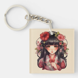Anime girl pink flowers key ring