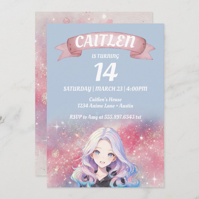 Anime Girl Pink Glitter Birthday Invitation (Front/Back)
