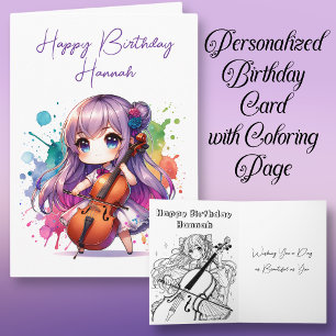 Anime Girl Playing Cello Personalised Birthday Card
