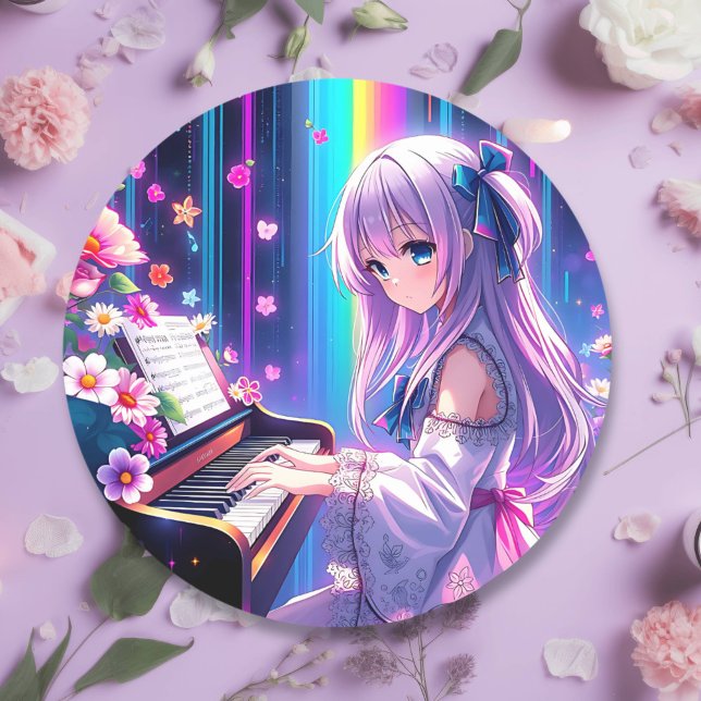 Anime Girl Playing Piano   Classic Round Sticker (Creator Uploaded)