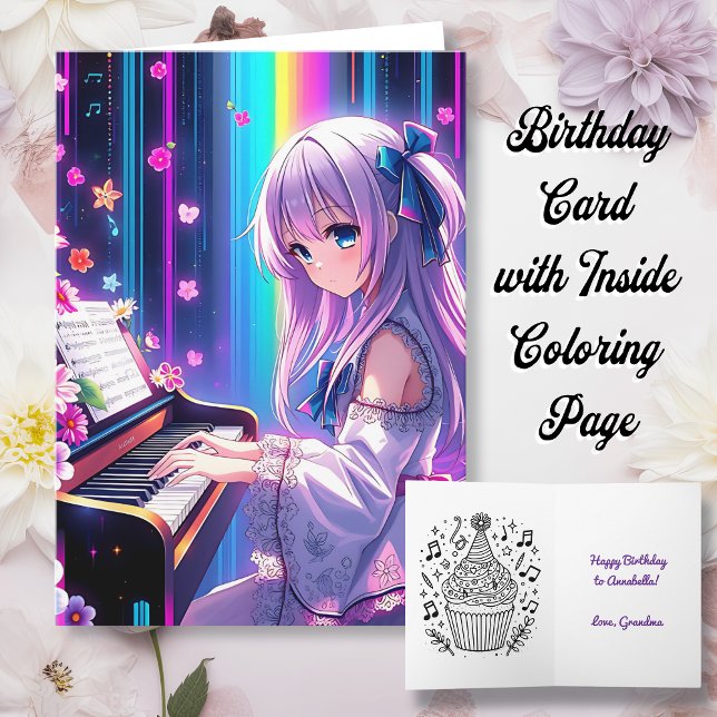 Anime Girl Playing Piano Personalised Birthday Card (Creator Uploaded)
