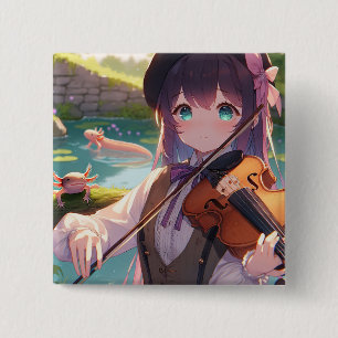 Anime Girl Playing the Violin and Axolotls 15 Cm Square Badge