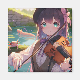 Anime Girl Playing the Violin and Axolotls Magnet