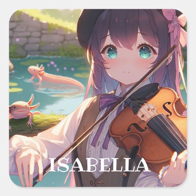 Anime Girl Playing the Violin Personalised Square Sticker (Front)