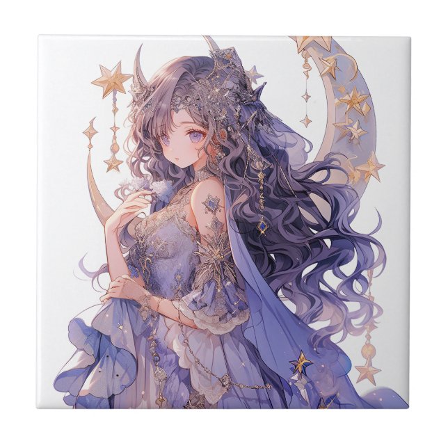 Anime Girl Purple Moon Princess Fantasy Art Ceramic Tile (Front)