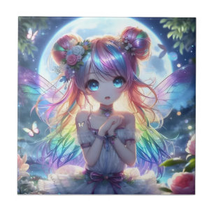 Anime Girl Rainbow Hair Singing Moon Fairy Ceramic Tile