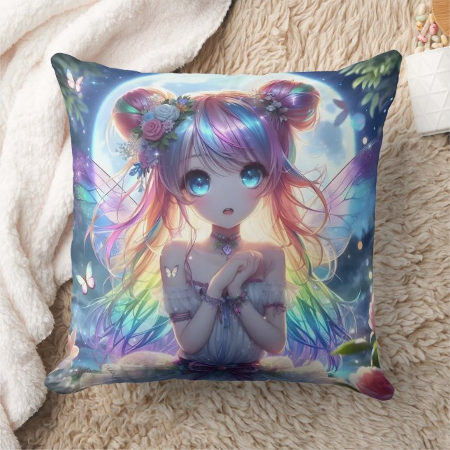 Anime Girl Rainbow Hair Singing Moon Fairy Cushion (Blanket)