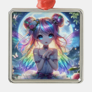 Anime Girl Rainbow Hair Singing Moon Fairy Metal Ornament