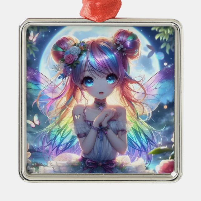 Anime Girl Rainbow Hair Singing Moon Fairy Metal Ornament (Front)