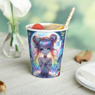 Anime Girl Rainbow Hair Singing Moon Fairy Paper Cups