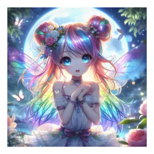 Anime Girl Rainbow Hair Singing Moon Fairy Photo Print