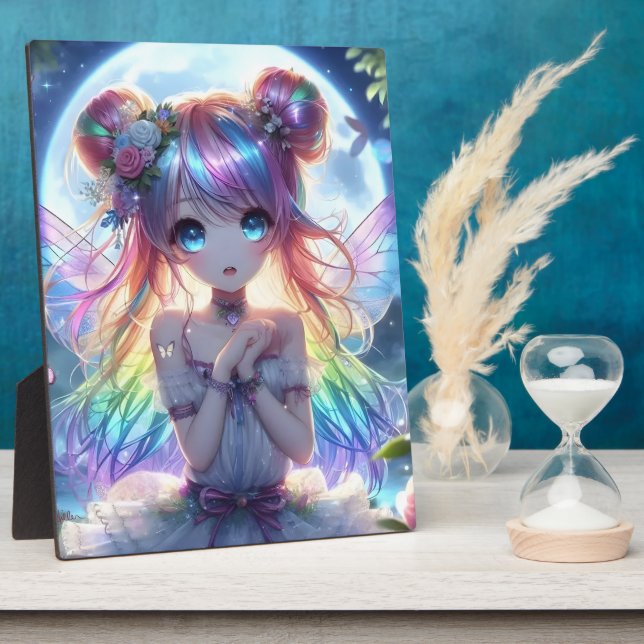 Anime Girl Rainbow Hair Singing Moon Fairy Plaque (Side)
